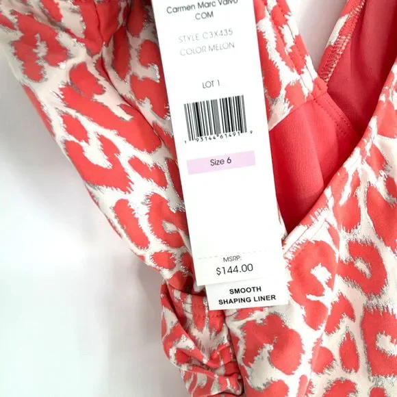 Carmen Marc Valvo Animal-Print Surplice One-Piece Swimsuit Size 6 Melon NWT